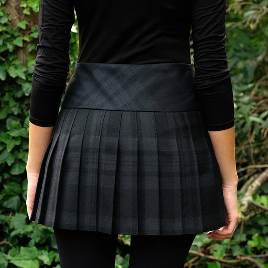 Women's Black Spirit Tartan Mini Hip Kilt - Crisp Pleats - Leather Straps