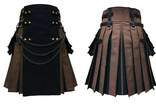 Tactical Black & Brown Kilt With Chain Wedding Utility Kilts For Men