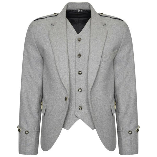 100% WOOL Scottish Argyle kilt Jacket Light Grey & Waistcoat/Vest,