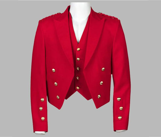 Handmade Men's Scottish Red Wool Prince Charlie Kilt Jacket With Waistcoat